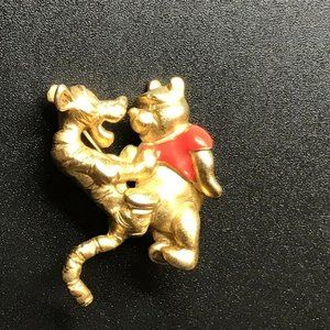 DISNEY TIGGER SITTING ON WINNIE THE POOH'S CHEST Brooch Pin Gold Tone